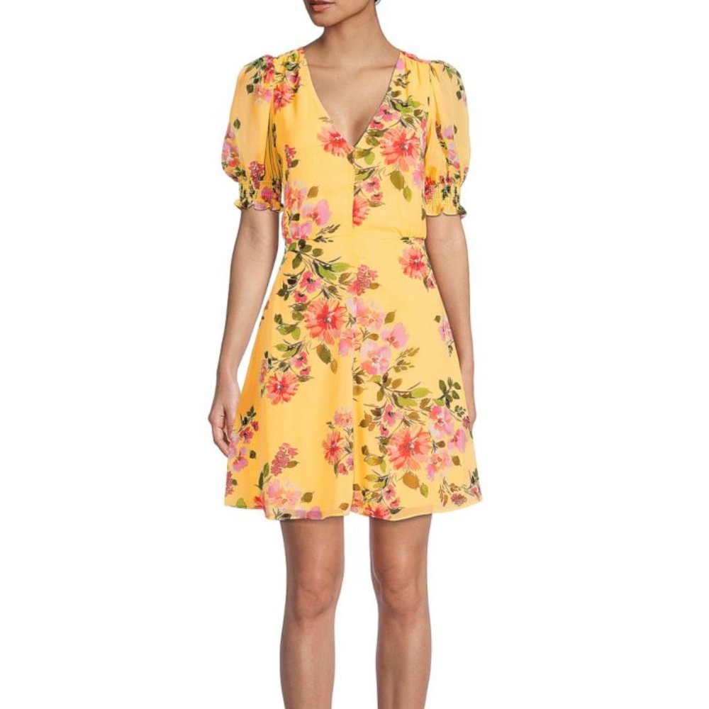 Vince Camuto Floral Print Puff Sleeve Chiffon Minidress - Size 8